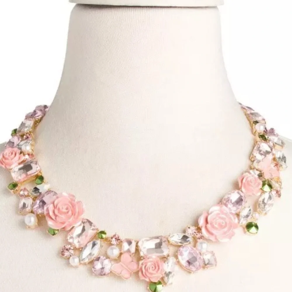 NEW Betsey Johnson Elegant Statement Pink Rose Collar Necklace 14”-19” - Picture 4 of 16